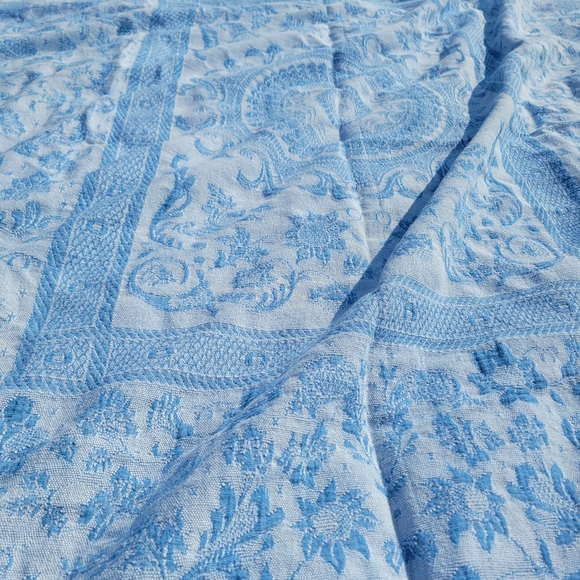 VTG Bates Queen Elizabeth Vintage blue White Double Medallion Center Fringed Bed - Picture 2 of 12